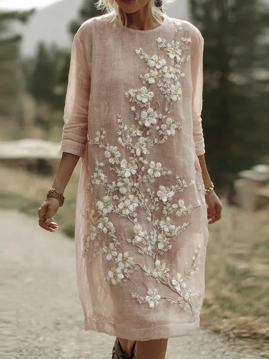Women's Bohemian Cherry Blossom Pattern Casual Round Neck Long Sleeve Dress