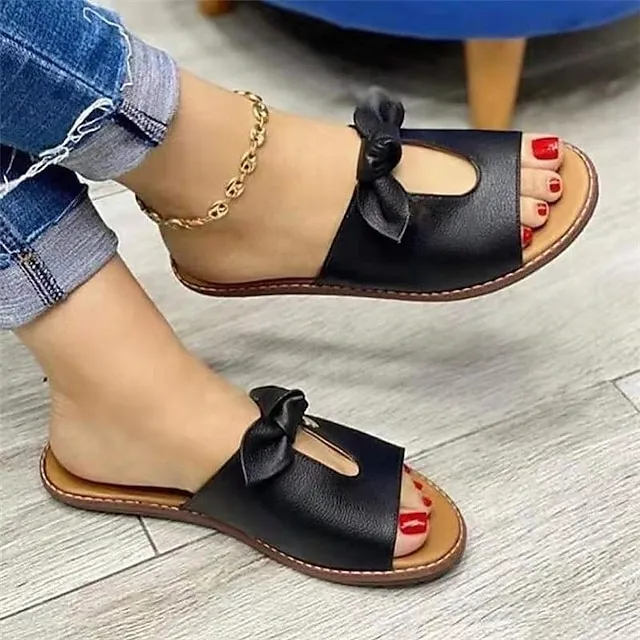 Women's Sandals Slippers Boho Bohemia Beach Outdoor Slippers Beach Slippers Outdoor Daily Beach Summer Bowknot Flat Heel Open Toe Casual Minimalism Sweet Faux Leather Loafer Solid Color Solid Colored