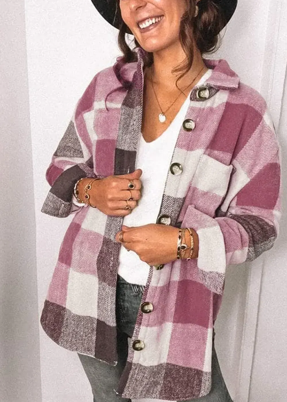 Women's 2023 Fall Clothes Plaid Shacket Jacket Long Sleeve Button Down Flannel Shirts Fashion Blouse