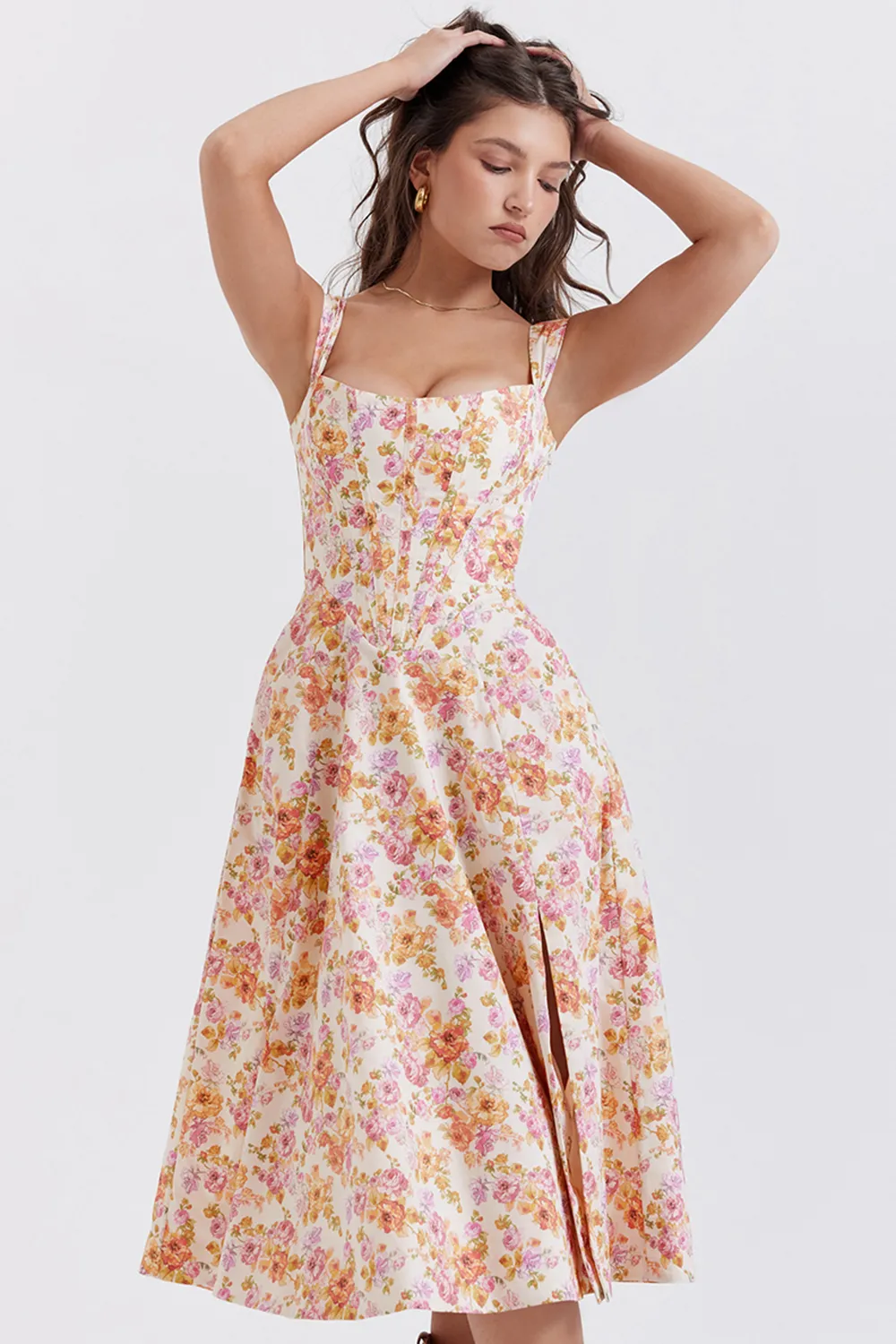 FLORAL LACE-UP CORSET A-LINE SUN DRESS