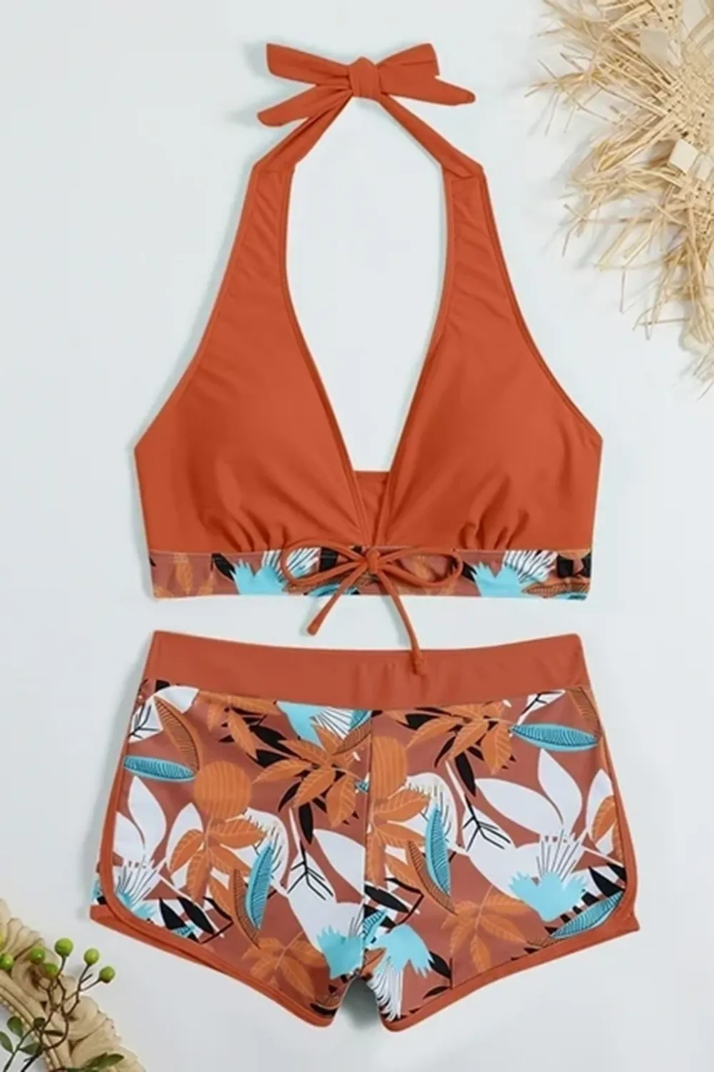 Sexy padded printed high-waisted patchwork swim trunks set