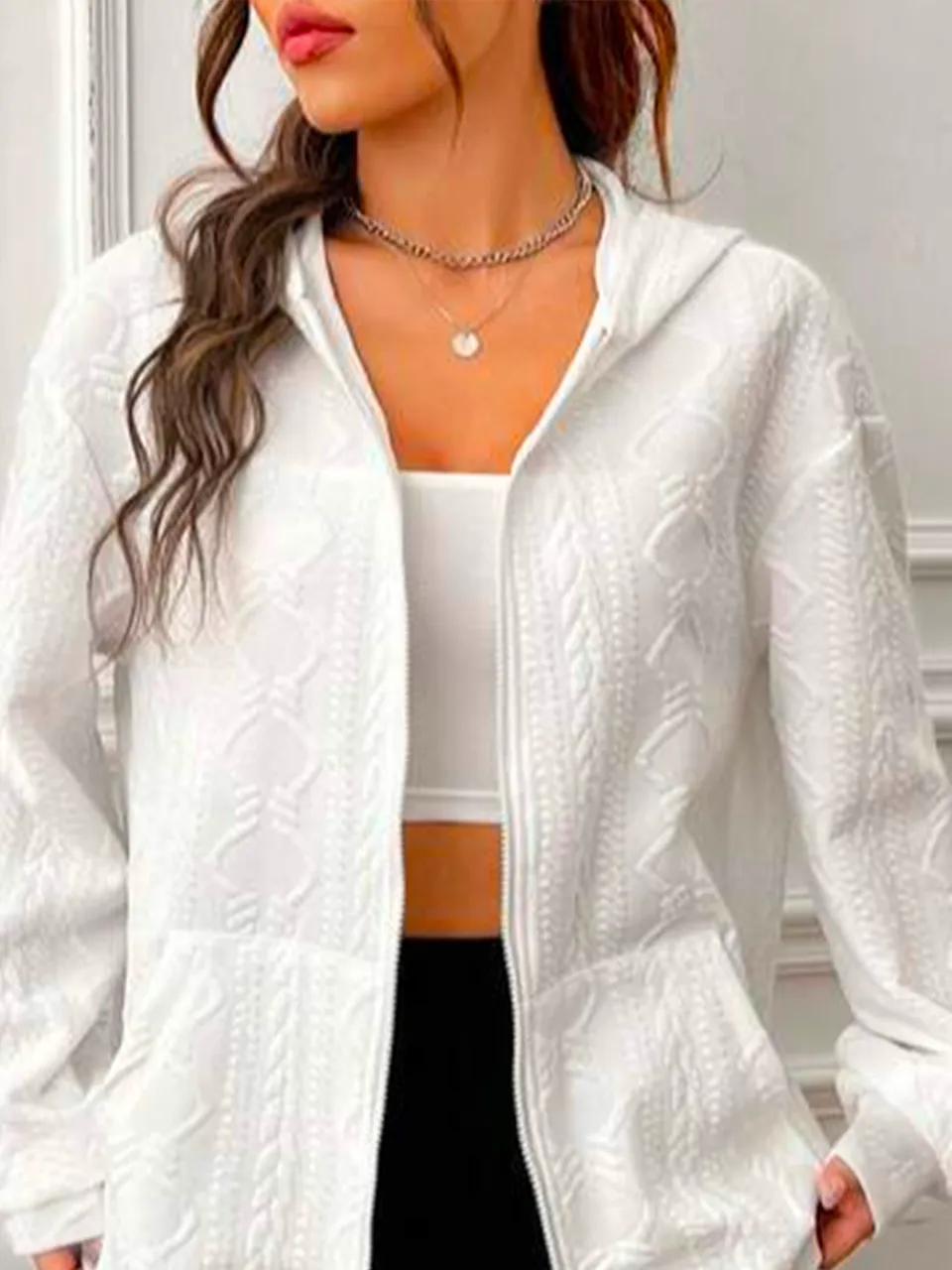 Geometric Casual Hoodie Loose Solid Zip Up Drop Shoulder Hooded Kangaroo Pocket Sweatshirt