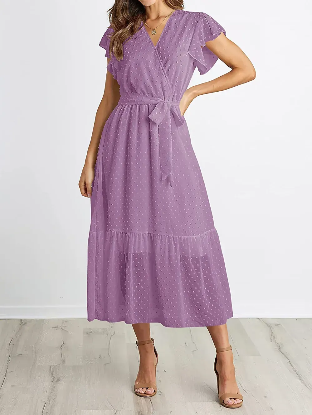 Women Summer Bohemian Floral Casual Wrap V Neck Ruffle Cap Sleeveless Belt A-Line Pleated Hem Swing Midi Sun Dress