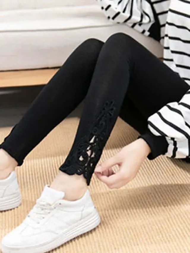 Women's Leggings Black White Grey Fashion Casual Daily Lace Ankle-Length Tummy Control Solid Colored L XL 2XL 3XL 4XL