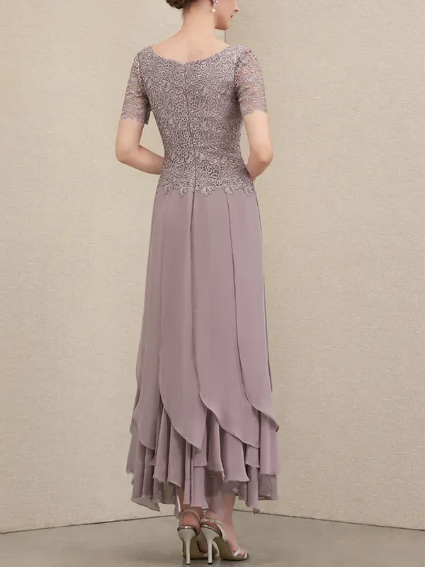 A-Line Scoop Neck Ankle Chiffon Lace Bridal Mom Gown with Layered Ruffles