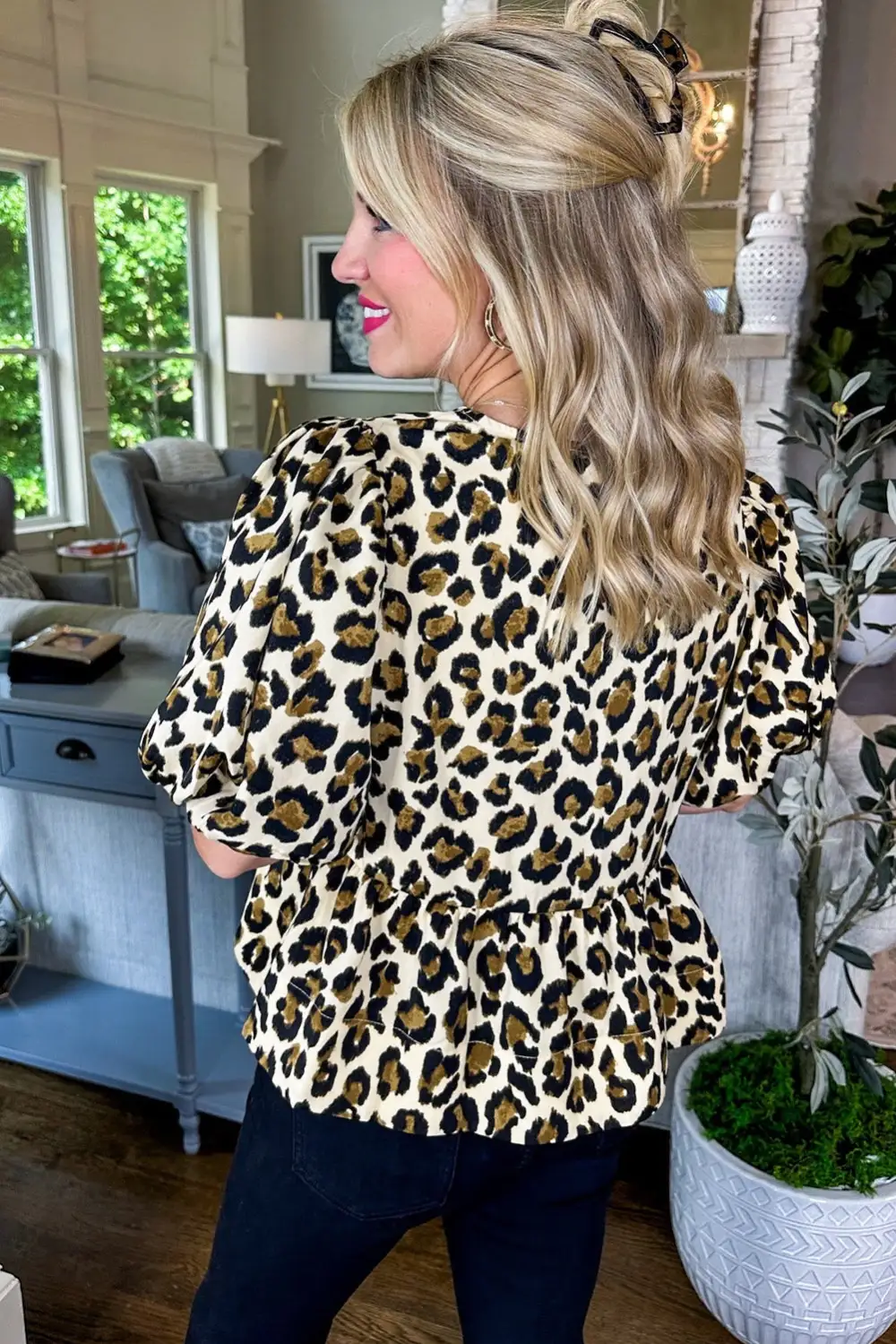 Leopard Print Bow Detail Peplum Blouse