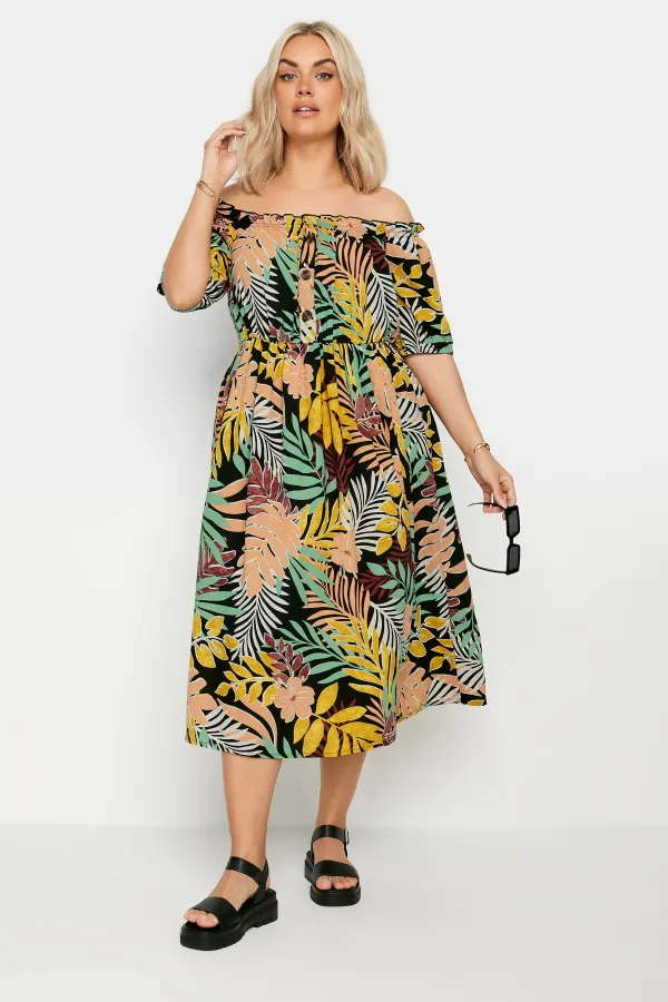 YOURS Curve Black Tropical Print Bardot Midaxi Dress
