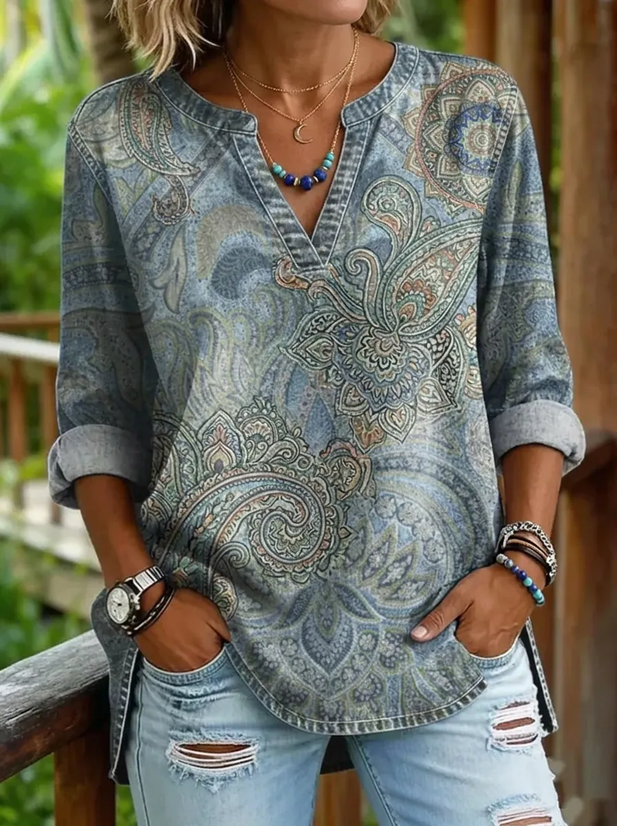 Women's Nashville Western Paisley Printed V-Neck Top