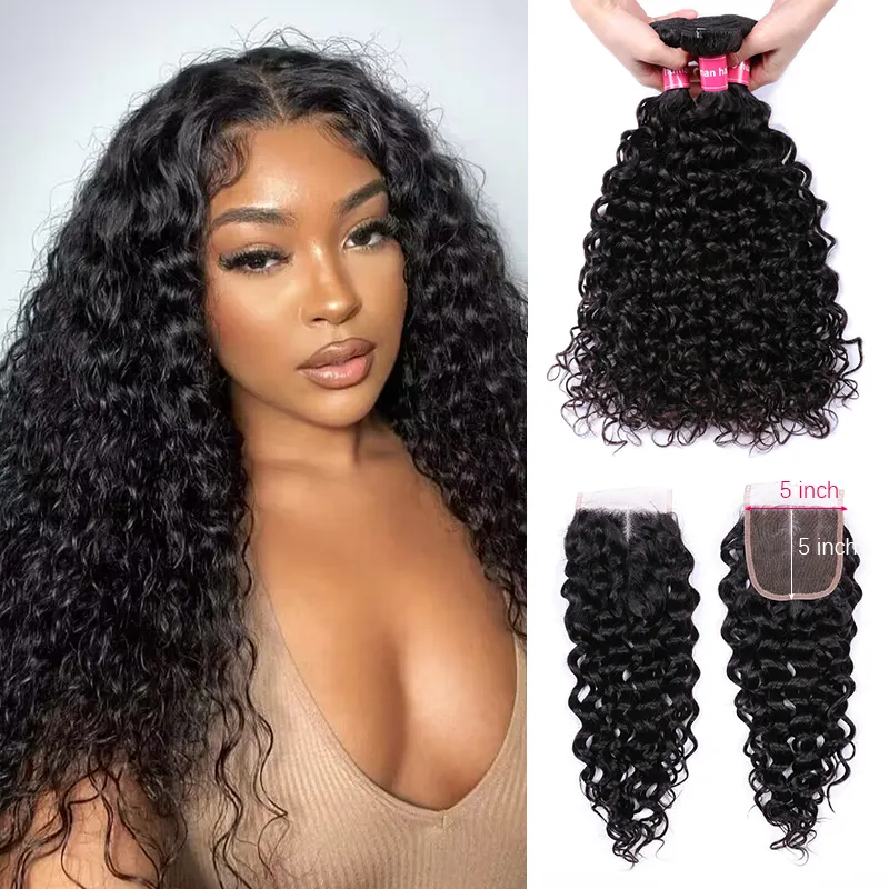 Sterly Water Wave Bundles With 5x5 Lace Closure Human Hair 3/4 PCS Bundles With Closure