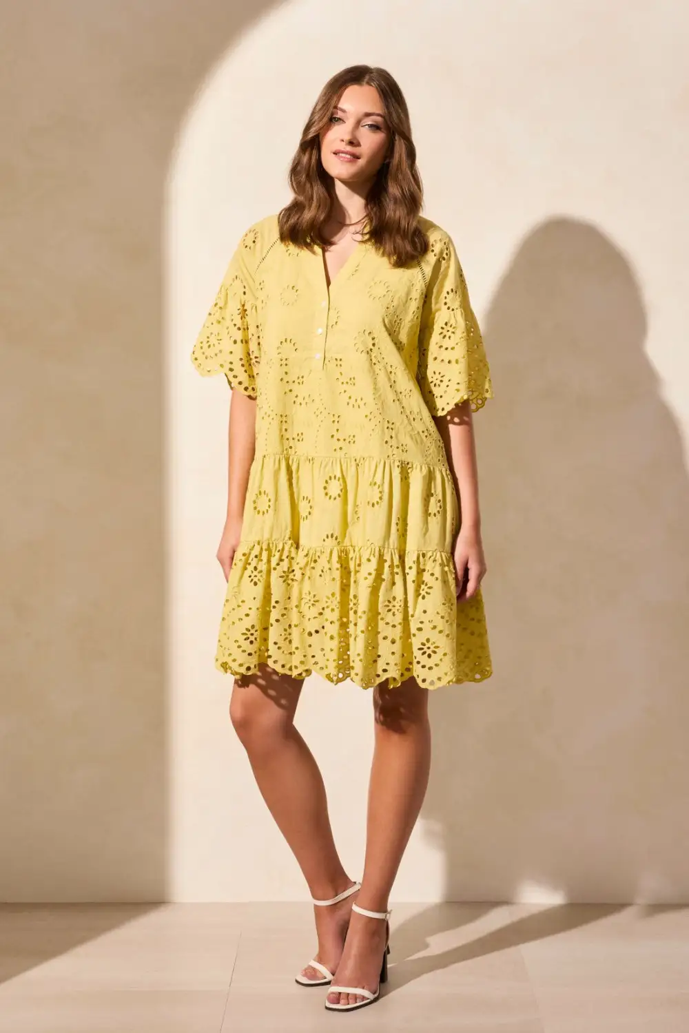 Cotton Eyelet Ruffle Short Sleeve Tiered Dress-Starfruit