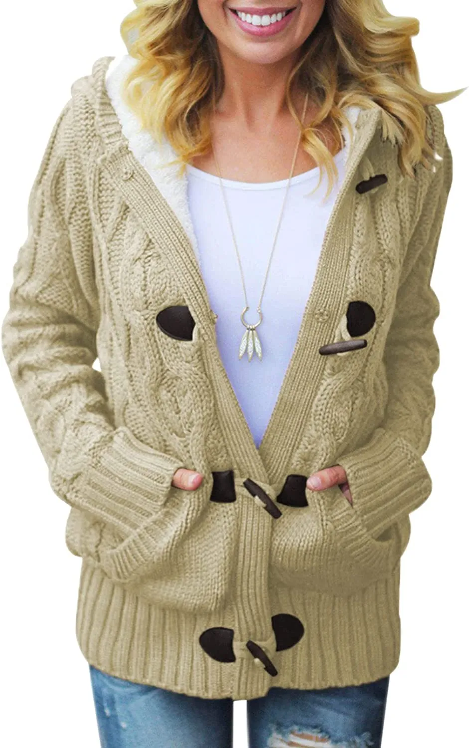 Womens Hooded Cardigans Button Up Cable Knit Sweater Coat Outerwear with Pockets