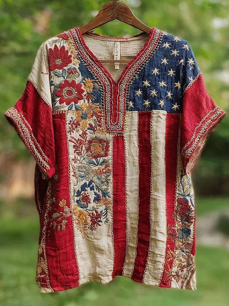 Women's Vintage Flag Floral Embroidery V-neck T-shirt
