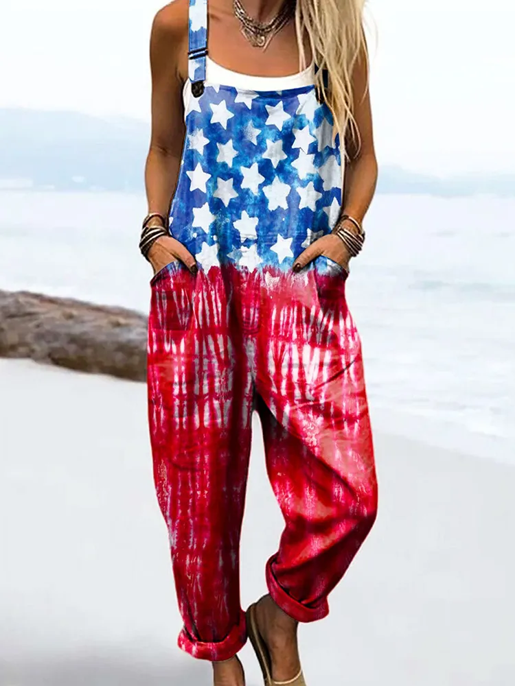 Women's Vintage Independence Day Print Casual Jumpsuit