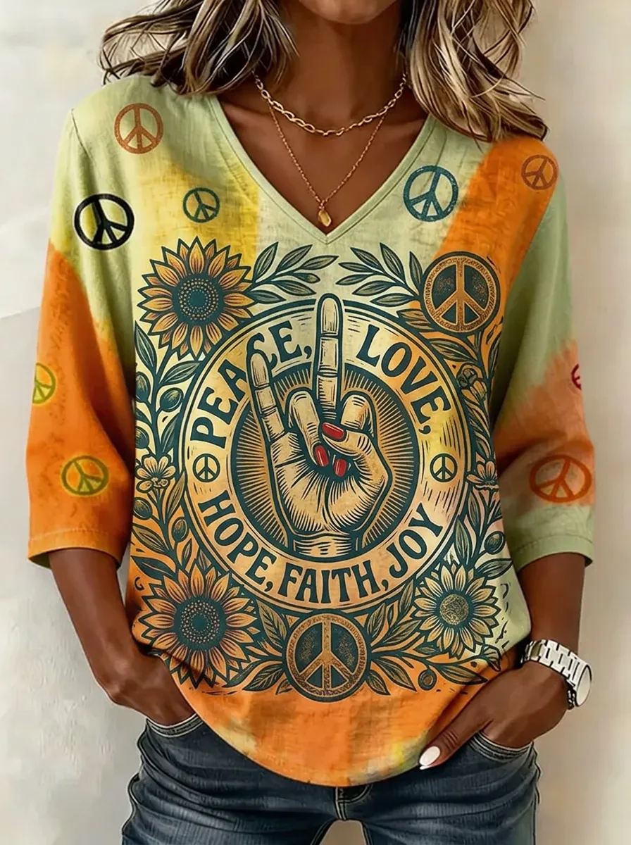 Women's Nashville Peace Love Sunflower Printed V-neck Top