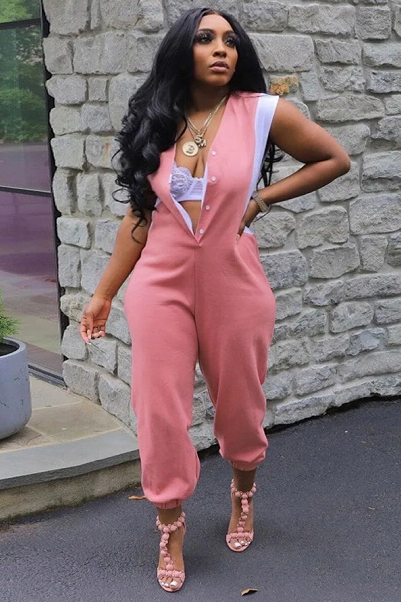 Sleeveless Deep V Neck Button Down Patchwork Tapered Leg Jumpsuit-Gray