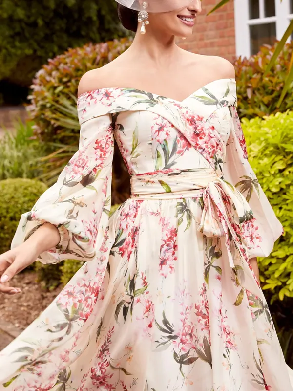 Off-Neck Long-Sleeved Printed Midi Dress