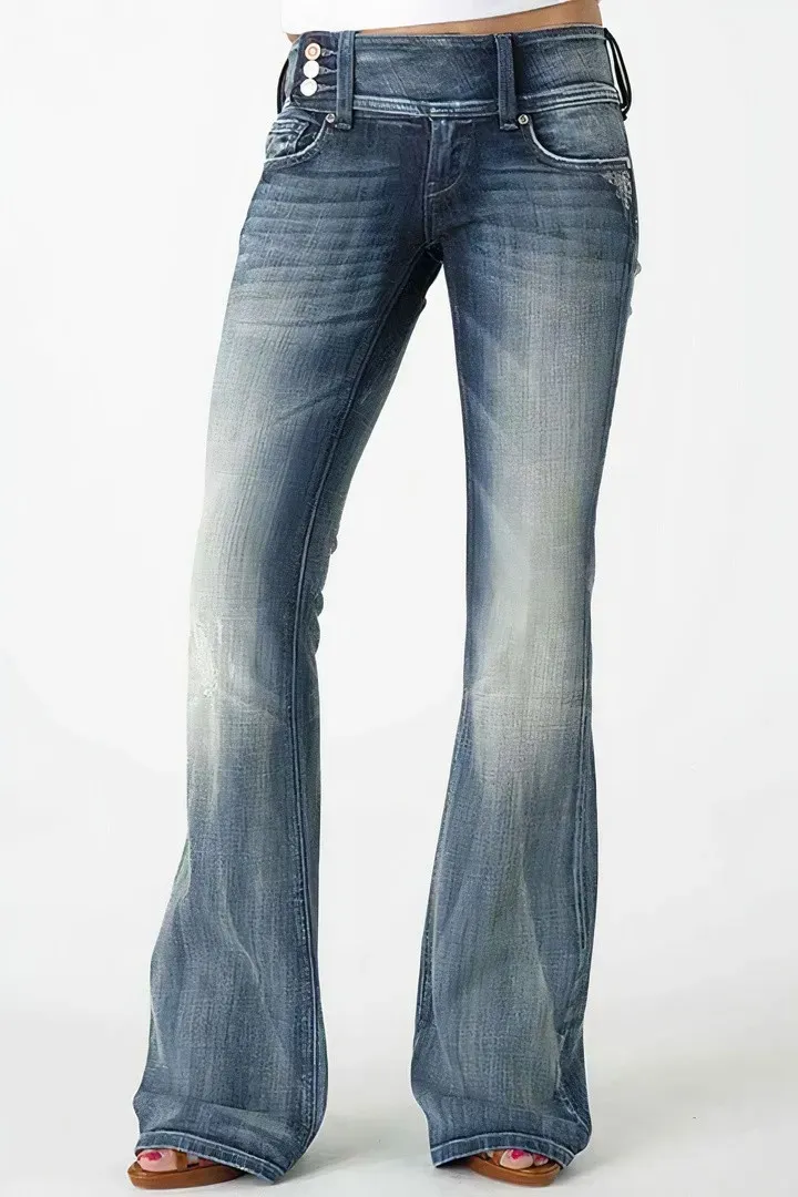 Vintage Button Side Design Mid Waist Flare Jeans