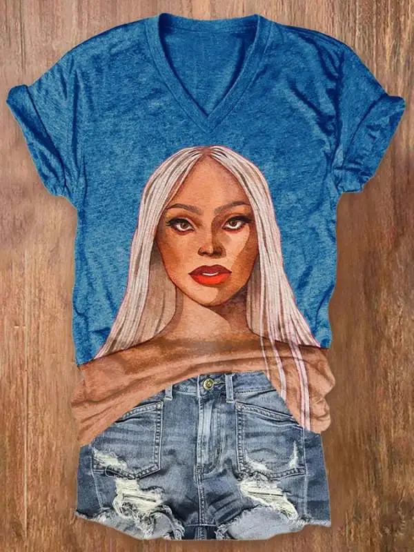 V Neck Retro Country Western Music Print T-Shirt