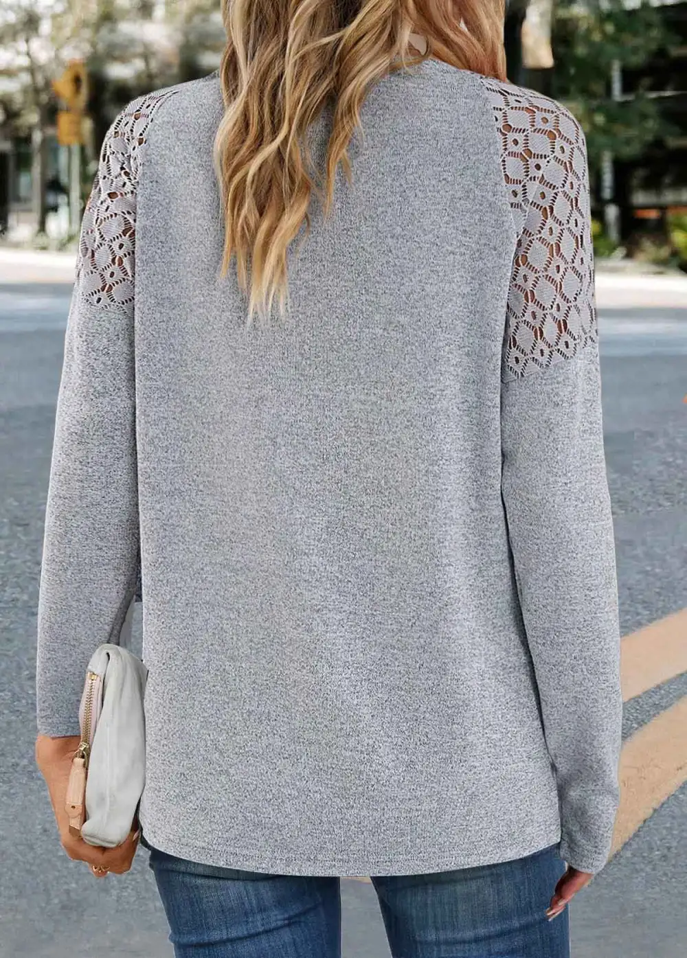 Grey Lace Long Sleeve V Neck T Shirt