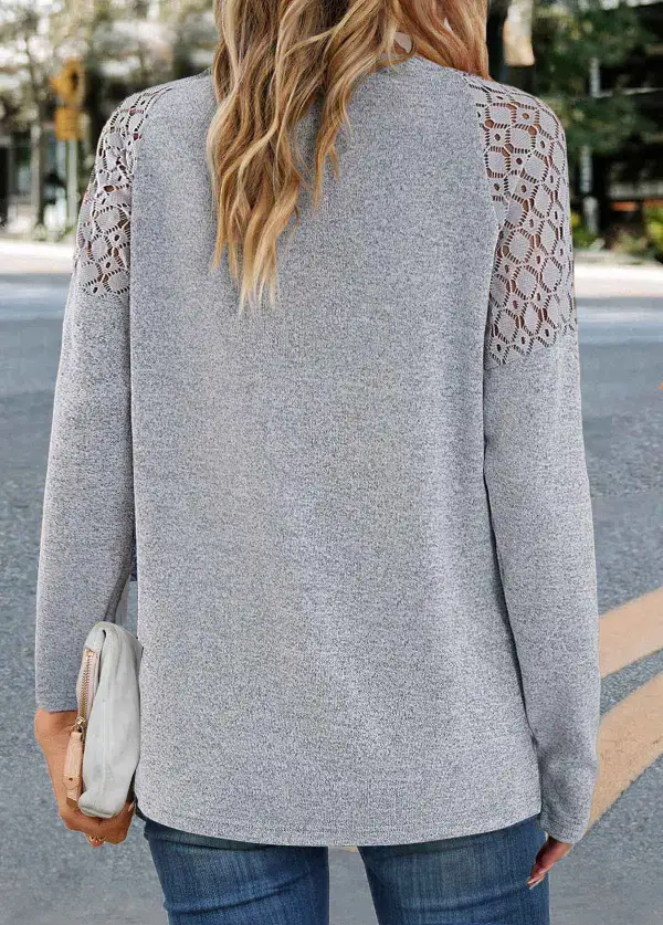 Grey Lace Long Sleeve V Neck T Shirt