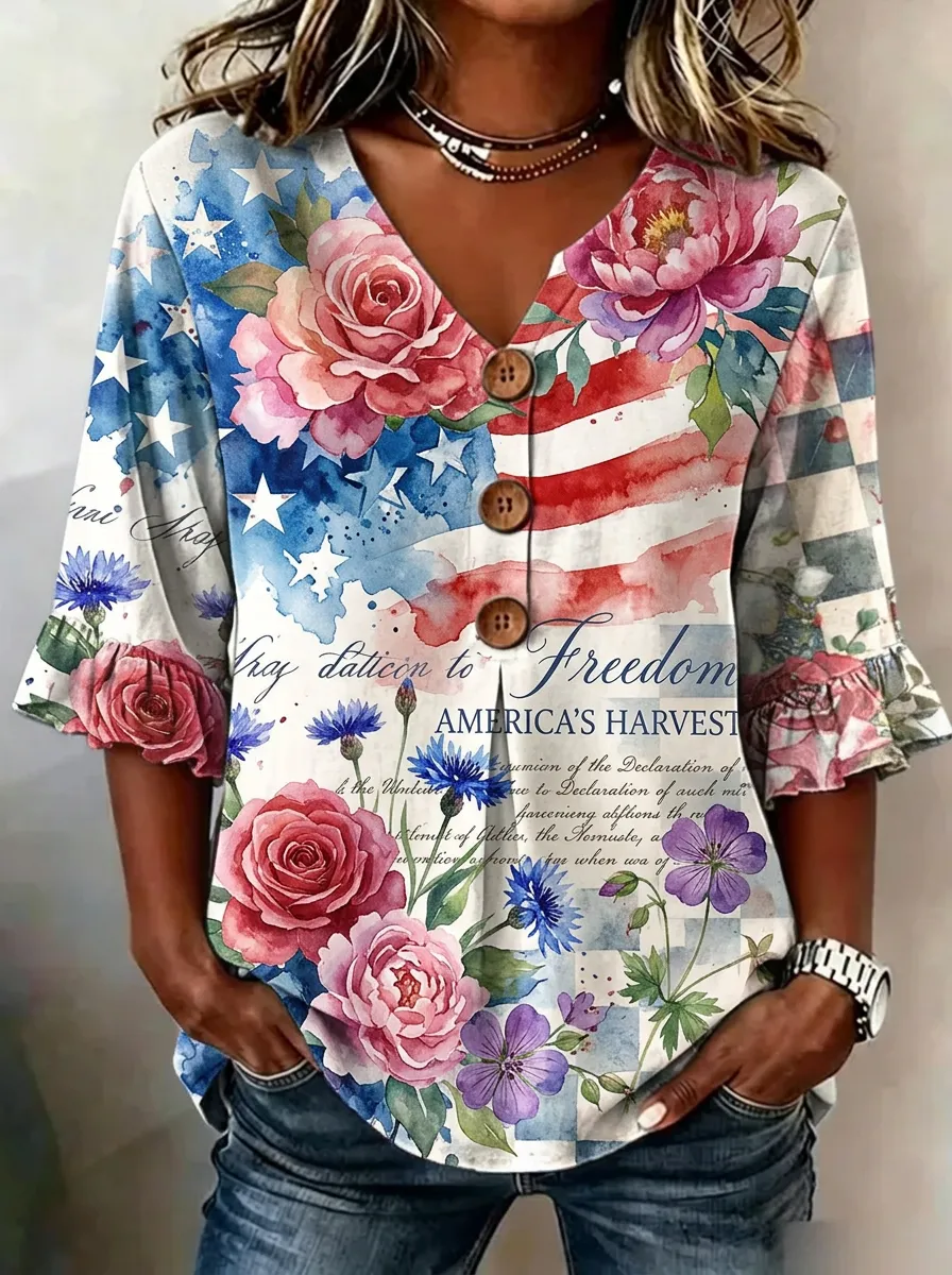 Women's Nashville Patriotic Floral Flag Printed V-neck Top