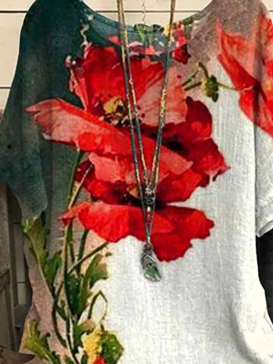 Women's Poppy Flower Printed Casual Top