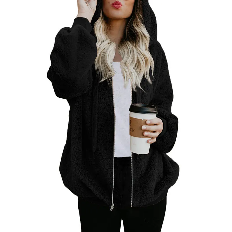 Solid Plush Drawstring Hooded Zip Coat
