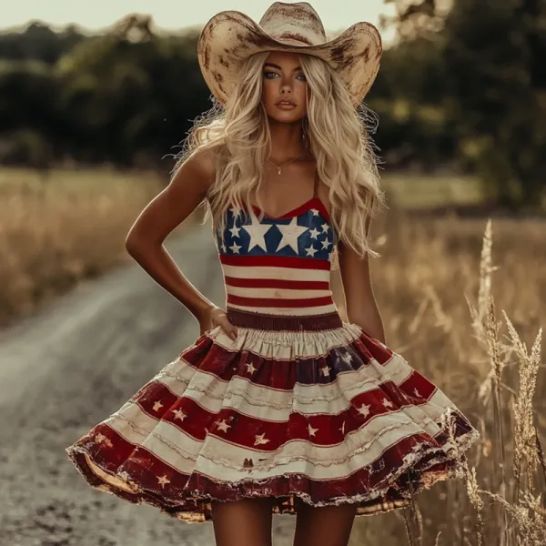 Women's Retro Patchwork Independence Day American Flag Art Casual Linen Midi Dress