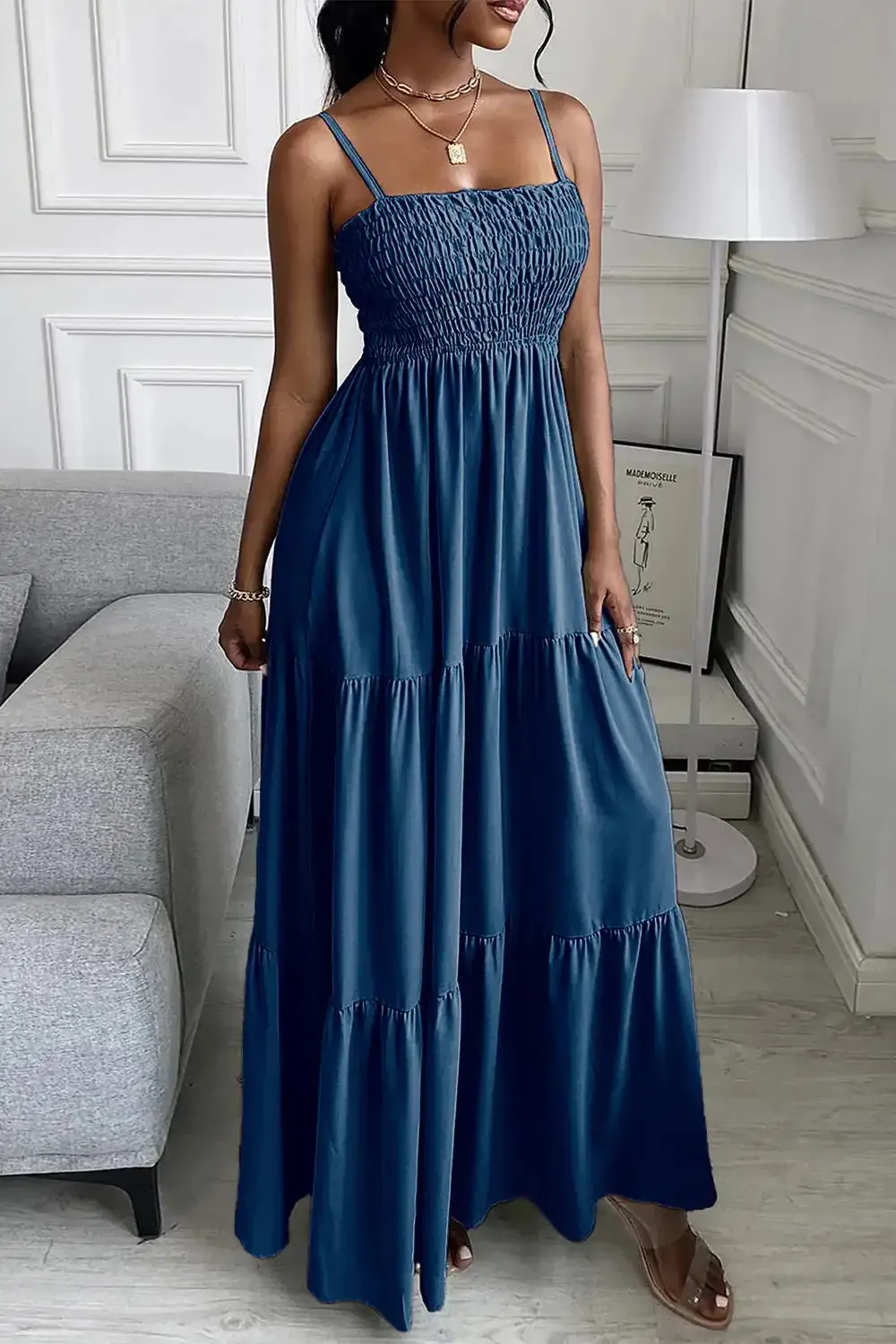 Sleeveless Spaghetti Strap Smocked Tiered Maxi Dress