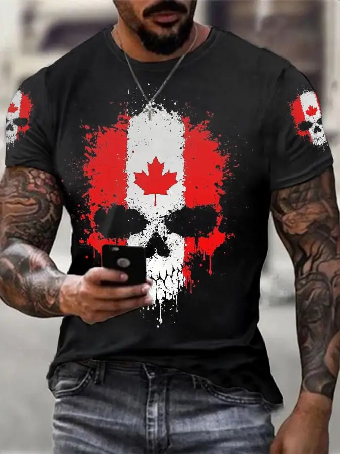 Men's Canada Maple Leaf Skull Print Casual Tee
