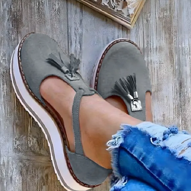 Women's Sandals Platform Sandals Plus Size Outdoor Daily Walking Summer Tassel Platform Flat Heel Round Toe Closed Toe Vintage Casual Faux Leather Synthetics Buckle Solid Color Solid Colored Black