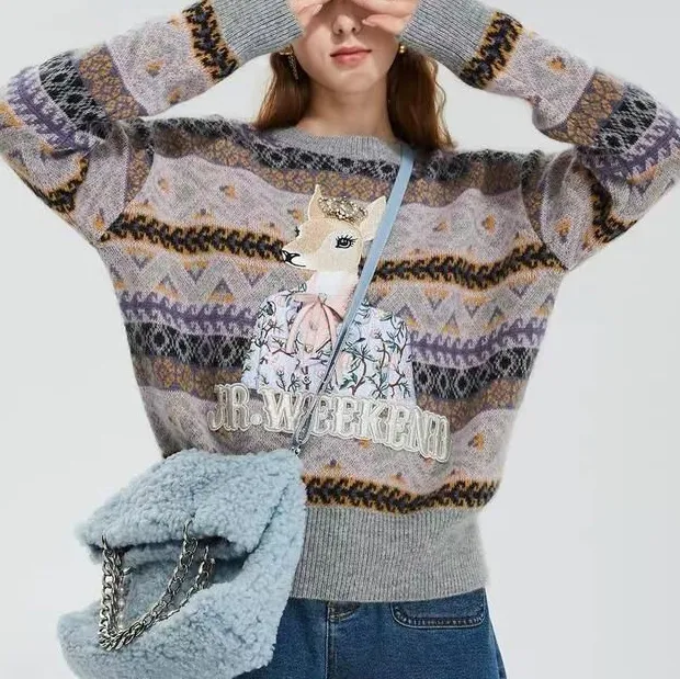 Loose Geometric Deer Bow Knit Sweater