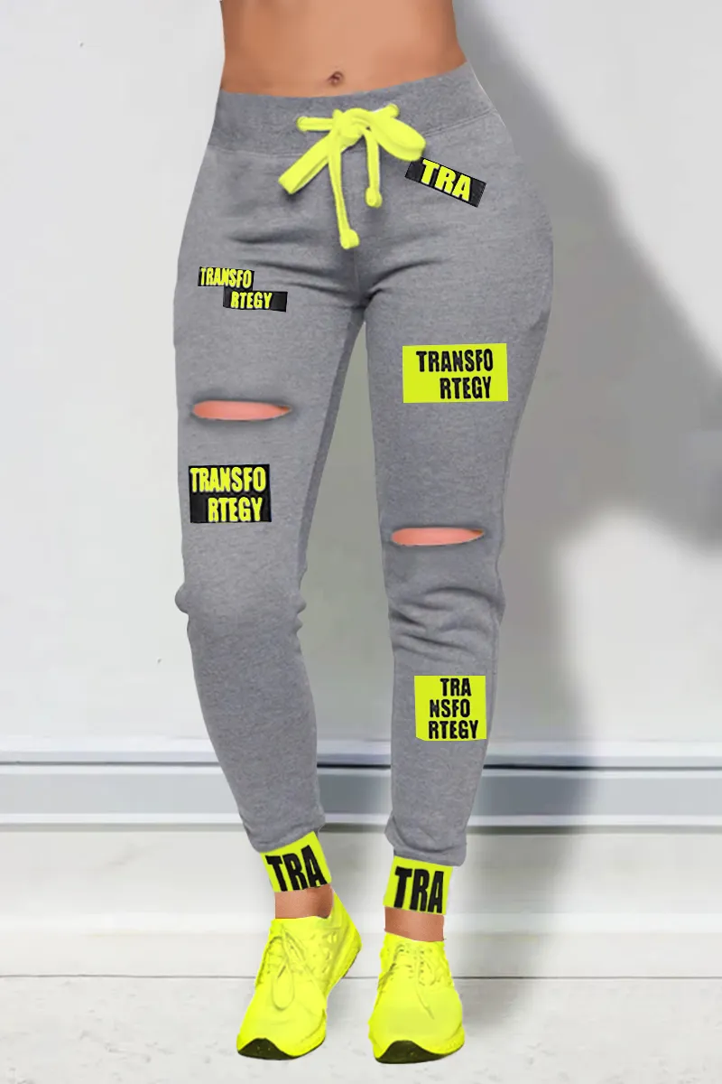Letter Print Ripped Drawstring Waist Pants