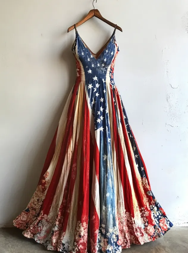 Women's Vintage Independence Day Flag Flower Art Linen Maxi Dress