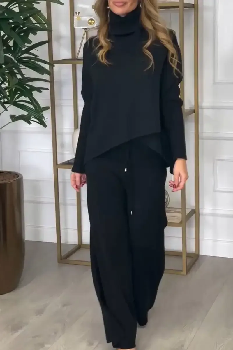 Women's Solid Color Turtleneck Sweater and Trousers Two-piece Set