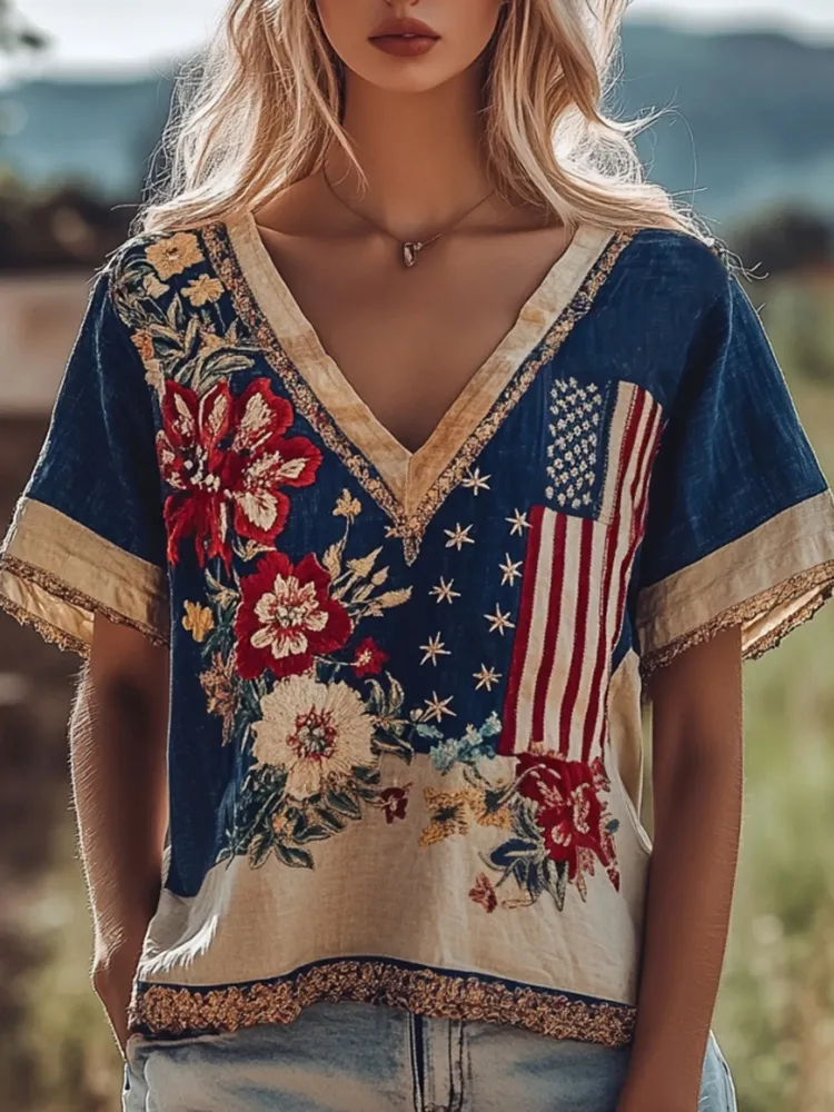 Independence Day Flag Flower Embroidered Women's Linen Blend V-neck T-shirt