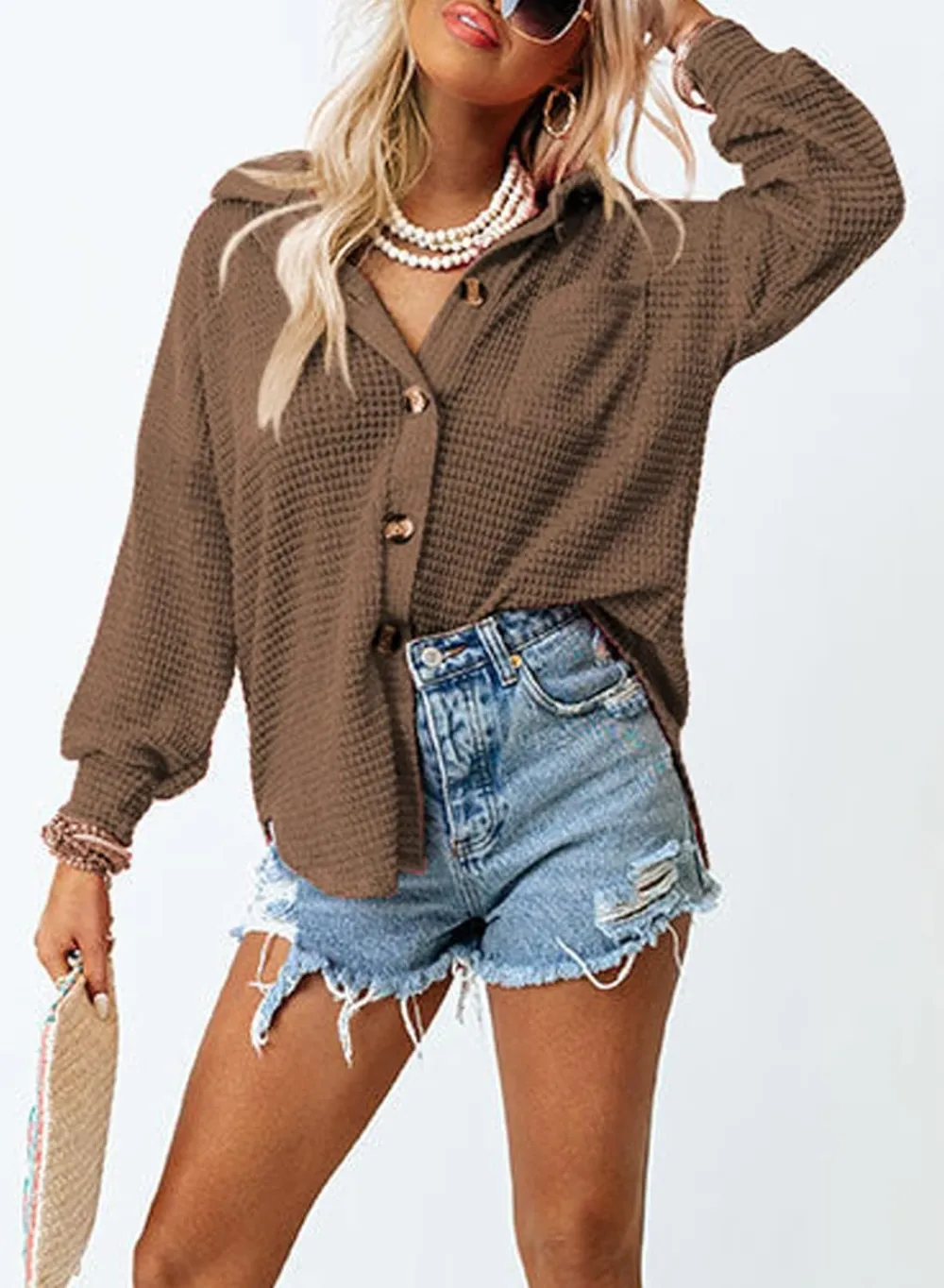 Womens Waffle Knit Button Down Shirts Casual Long Sleeve Shacket Jacket Boyfriend Tops Blouses Loose Fit