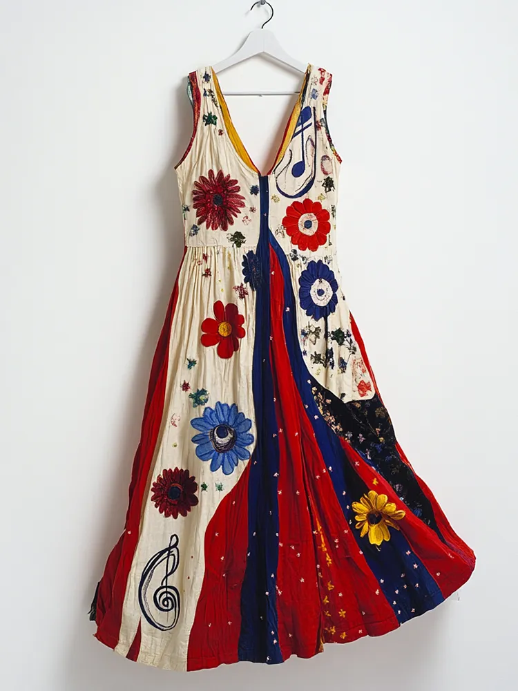 Women's Vintage Floral And Musical Notes Art Sleeveless Dress