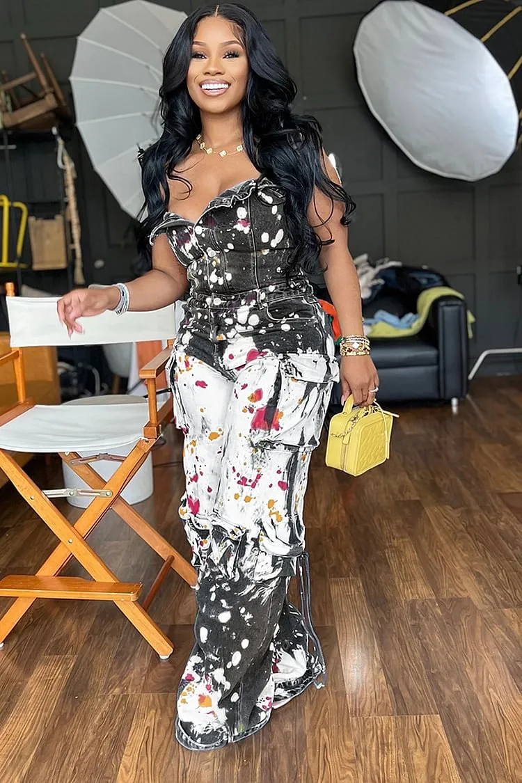 Denim Strapless Splash Ink Print Straight Leg Cargo Jumpsuit-Blue
