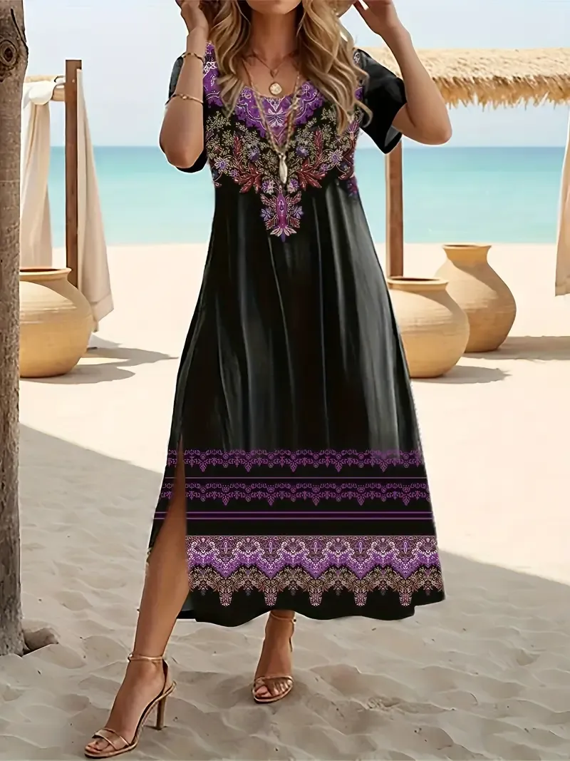 Plus Size Ethnic Print Split Side Dress, Boho Short Sleeve Crew Neck Midi Dress For Spring & Summer, Women's Plus Size Clothing