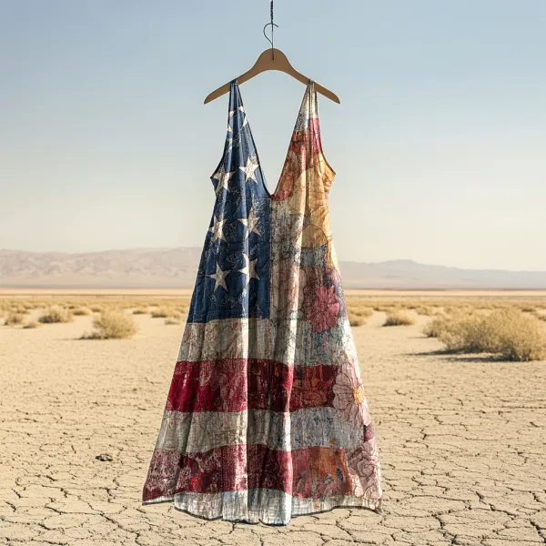 Women's Vintage Independence Day Flag Distressed Print Dress