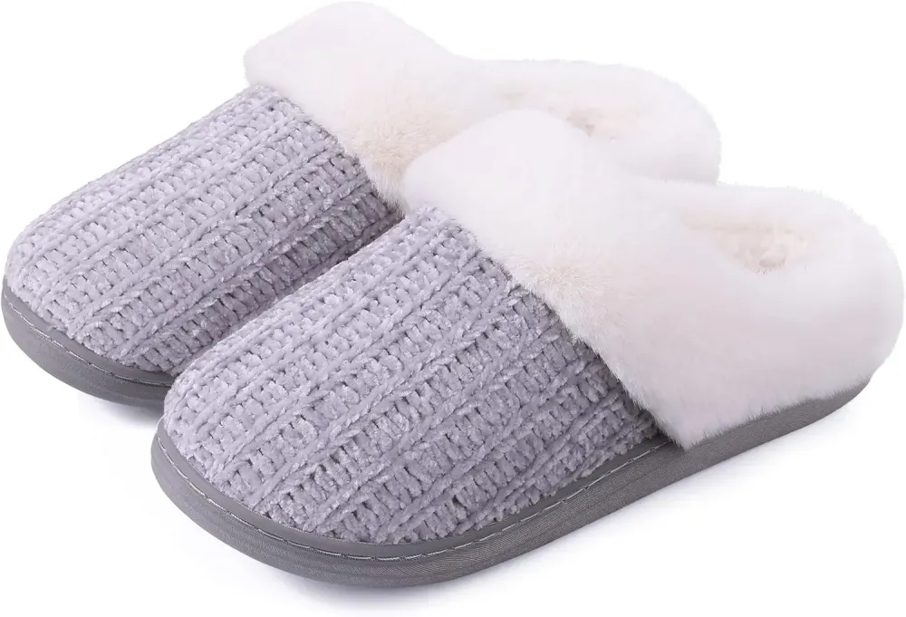 Warm Knit House Slippers for Women Comfy Wool-Like Lined Chenille Slippers with Memory Foam and Indoor Outdoor Soles