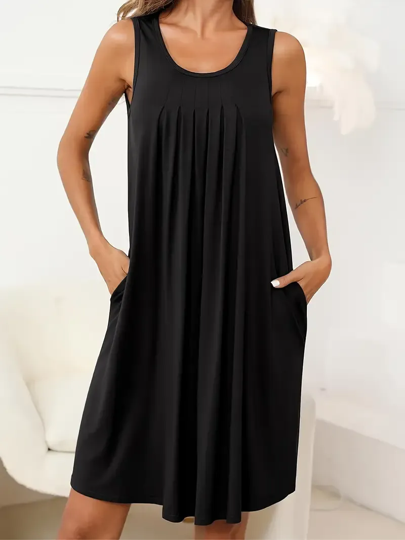 Solid Crew Neck Pleated Dress, Casual Sleeveless Loose Dress