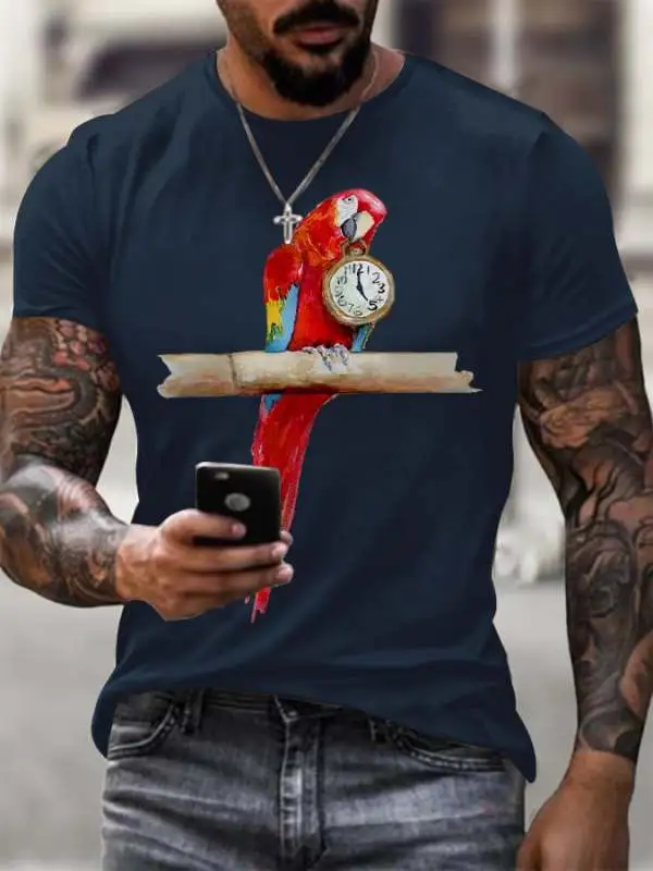 Men's 5 O'clock Parrot Printed Round Neck T-Shirt