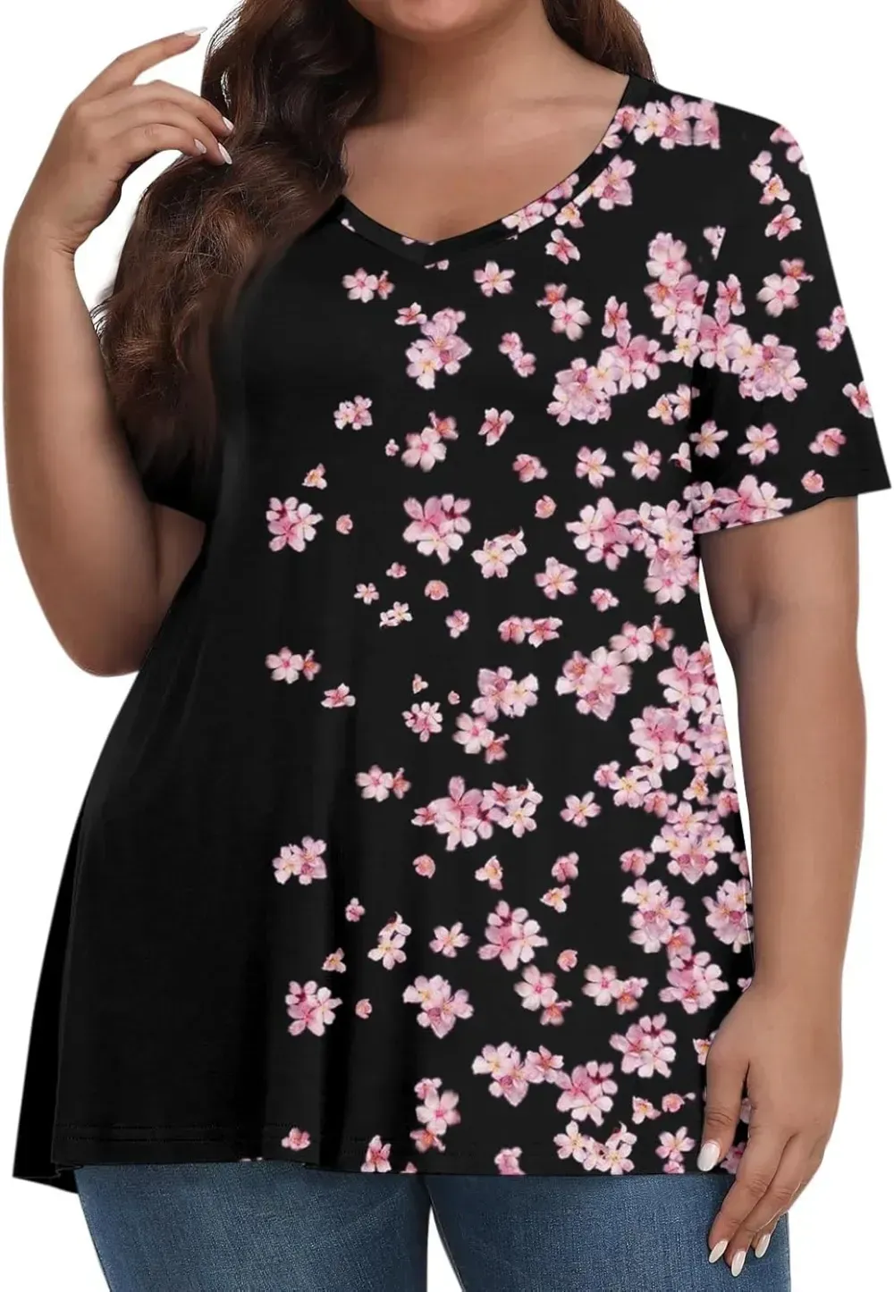 Plus Size Tops for Women Dressy Short Sleeve V Neck Shirts for Women Summer Tops for Women 2024 Floral Print Top