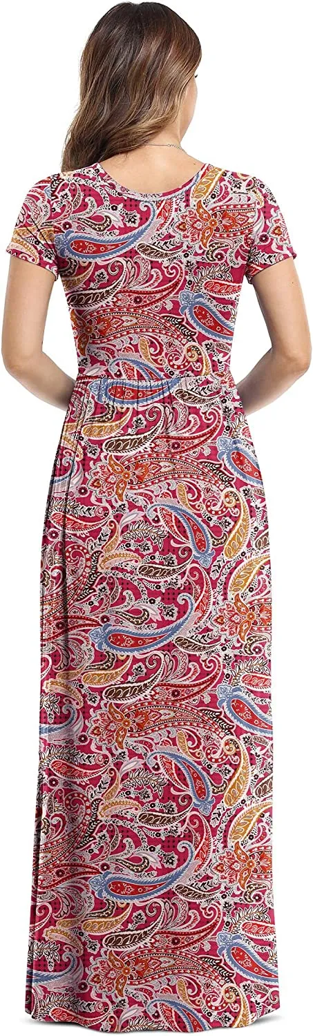 Women's Short Sleeve Loose Plain Maxi Dresses Casual Long Dresses with Pockets