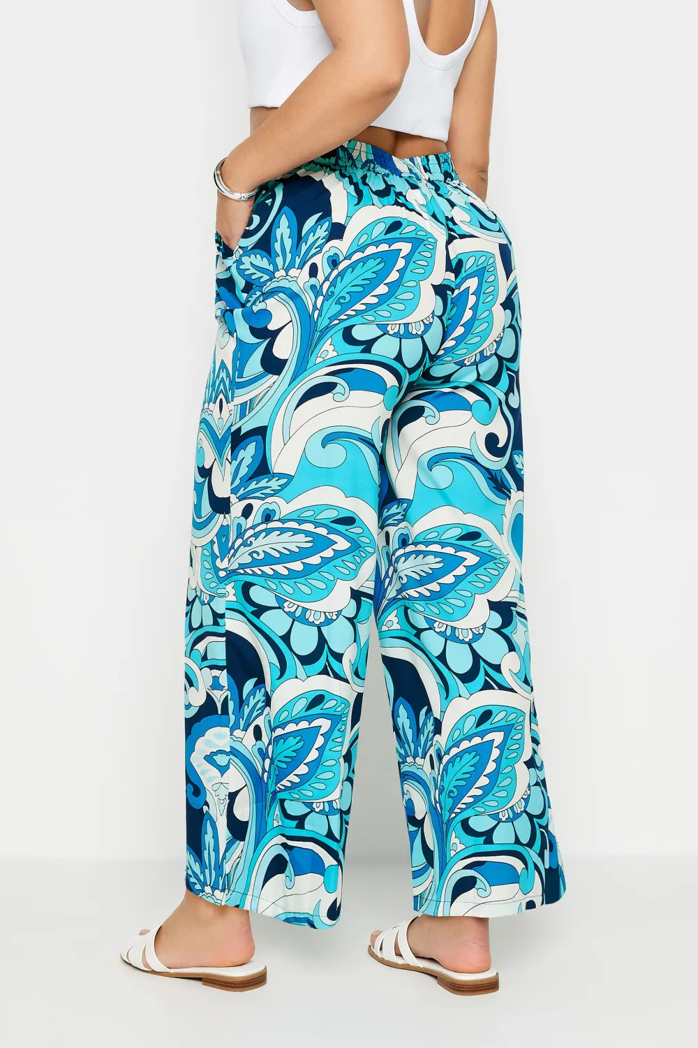 Yours Curve Black Leaf Print Drawstring Wide Leg Trousers