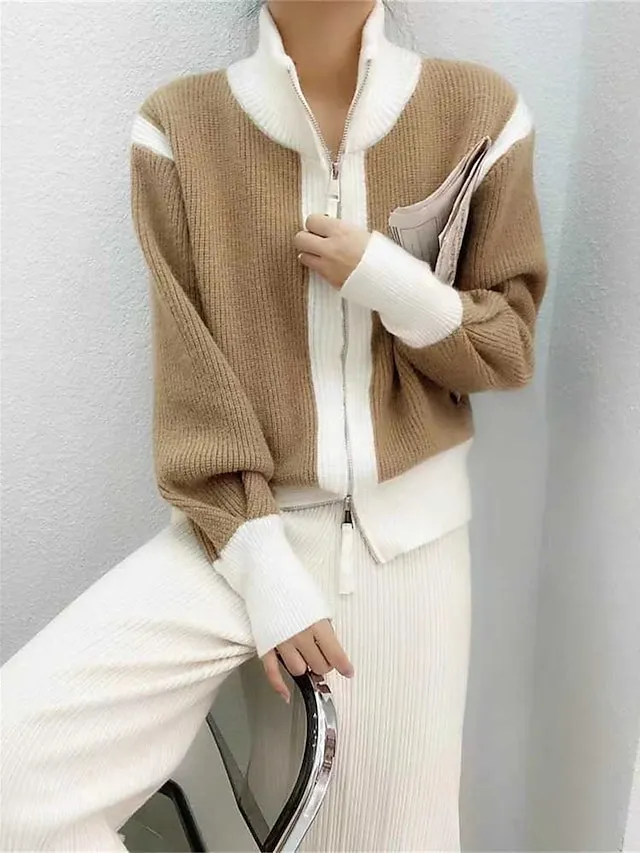 Women's Cardigan Sweater Jumper Ribbed Knit Regular Patchwork Zipper Color Block Stand Collar Stylish Casual Outdoor Daily Fall Winter Black White S M L