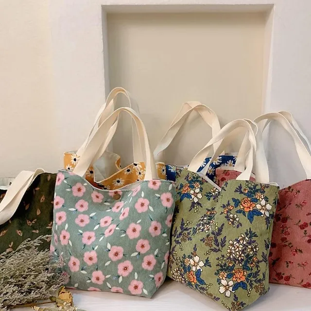 Women's Tote Tote Canvas Tote Bag Corduroy Shopping Daily Print Flower small green flowers Corduroy Blue Daisy Portable Corduroy Red Rose Portable
