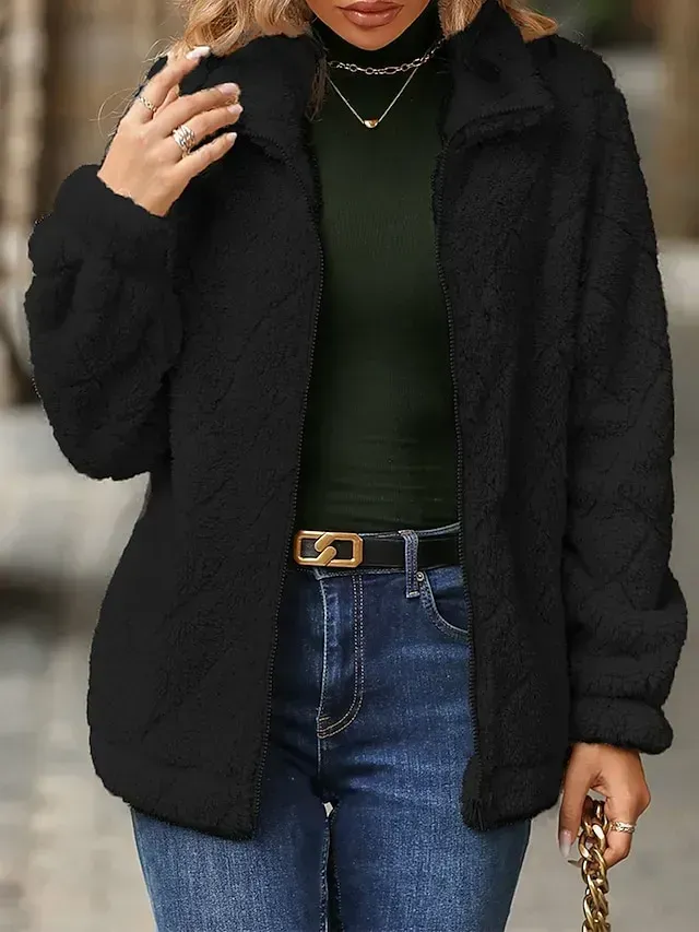 Women's Fleece Jacket Sherpa Jacket Teddy Coat Windproof Warm Outdoor Street Daily Wear Vacation Zipper Pocket Zipper Turndown Plush Modern Casual Street Style Plain Regular Fit Outerwear Long Sleeve
